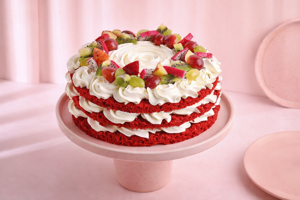 Fresh Fruits Topped Red Velvet Cake